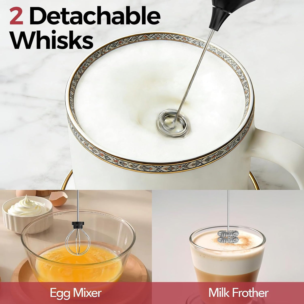 YARRAMATE Rechargeable Milk Frother, 3-Speed Electric Whisk, 2 Heads
