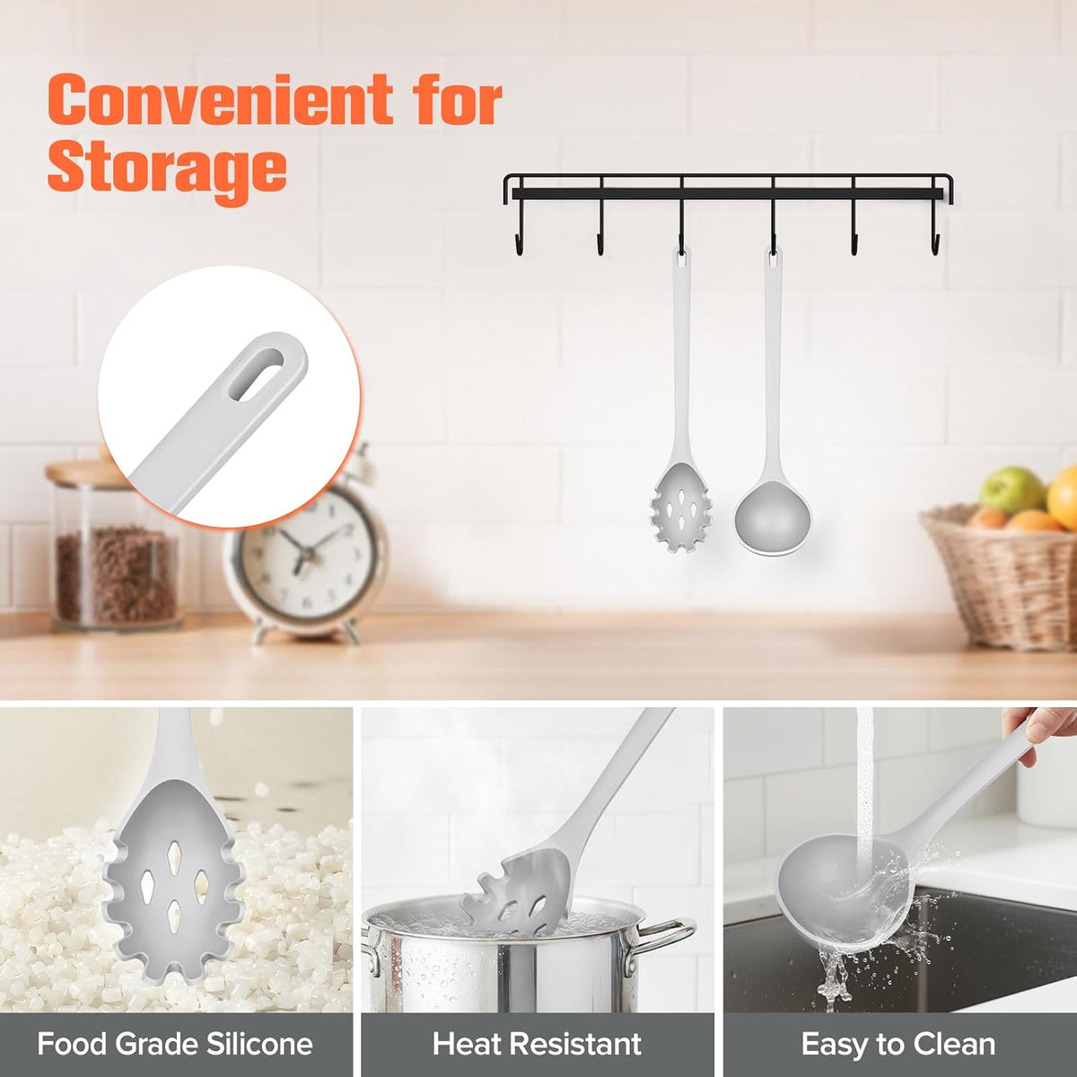 Silicone Spaghetti Spoon & Soup Ladle Cooking Utensils Set of 2 (GRAY)