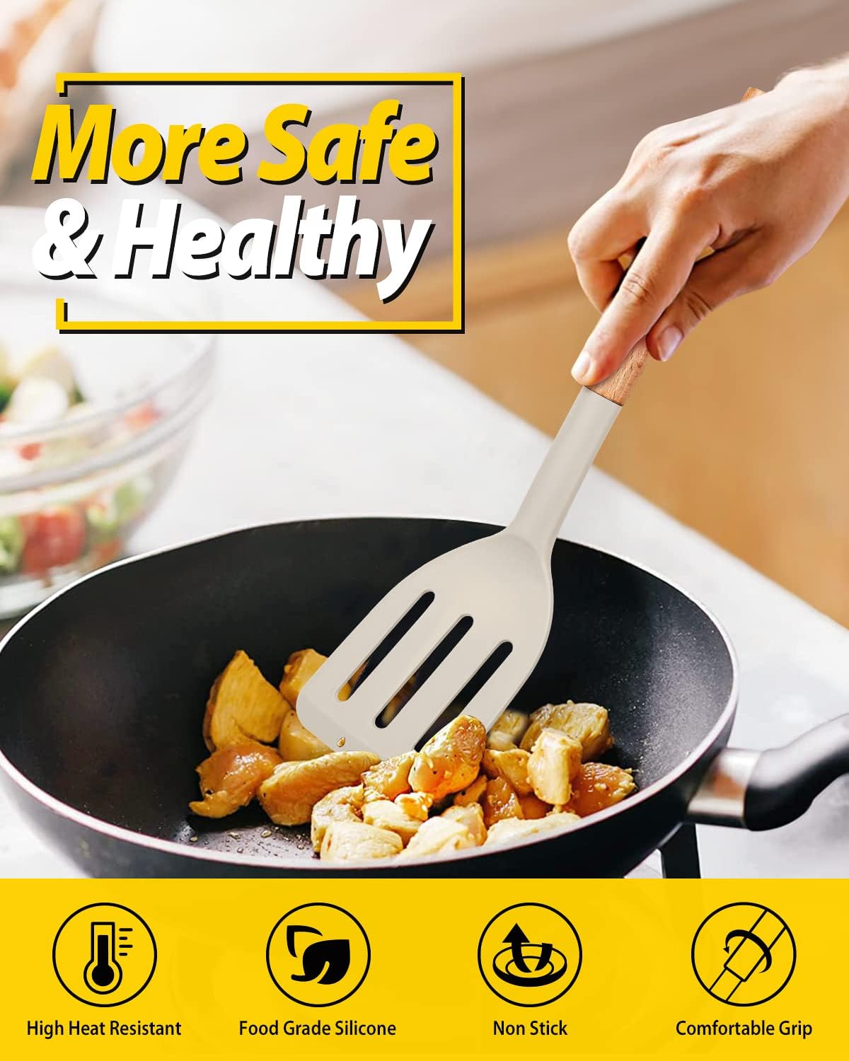 BUNDLEPRO Silicone Spatula, Solid & Slotted Turner, BPA-Free, 2 Pack, Khaki