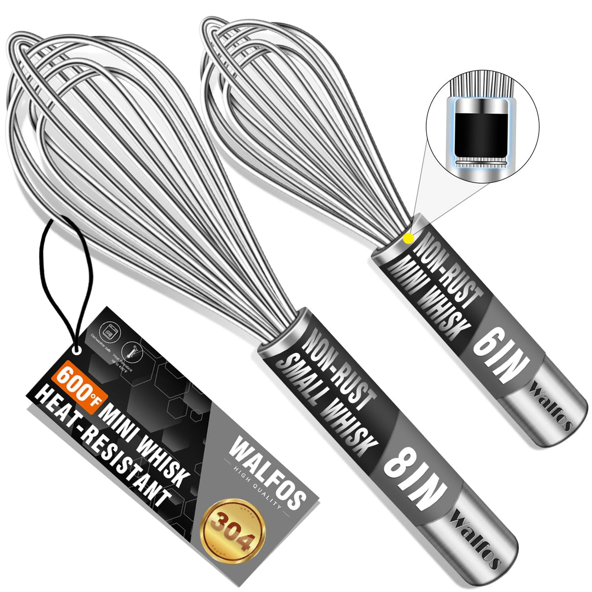 Walfos Whisk,304 Stainless Steel whisk,No-Rust 7+9+11inch Whisks for cooking Nice for Blending,Whisking,Beating.Heat resistant 600°F Dishwasher Safe. Heavy duty kitchen whisk.SILVER