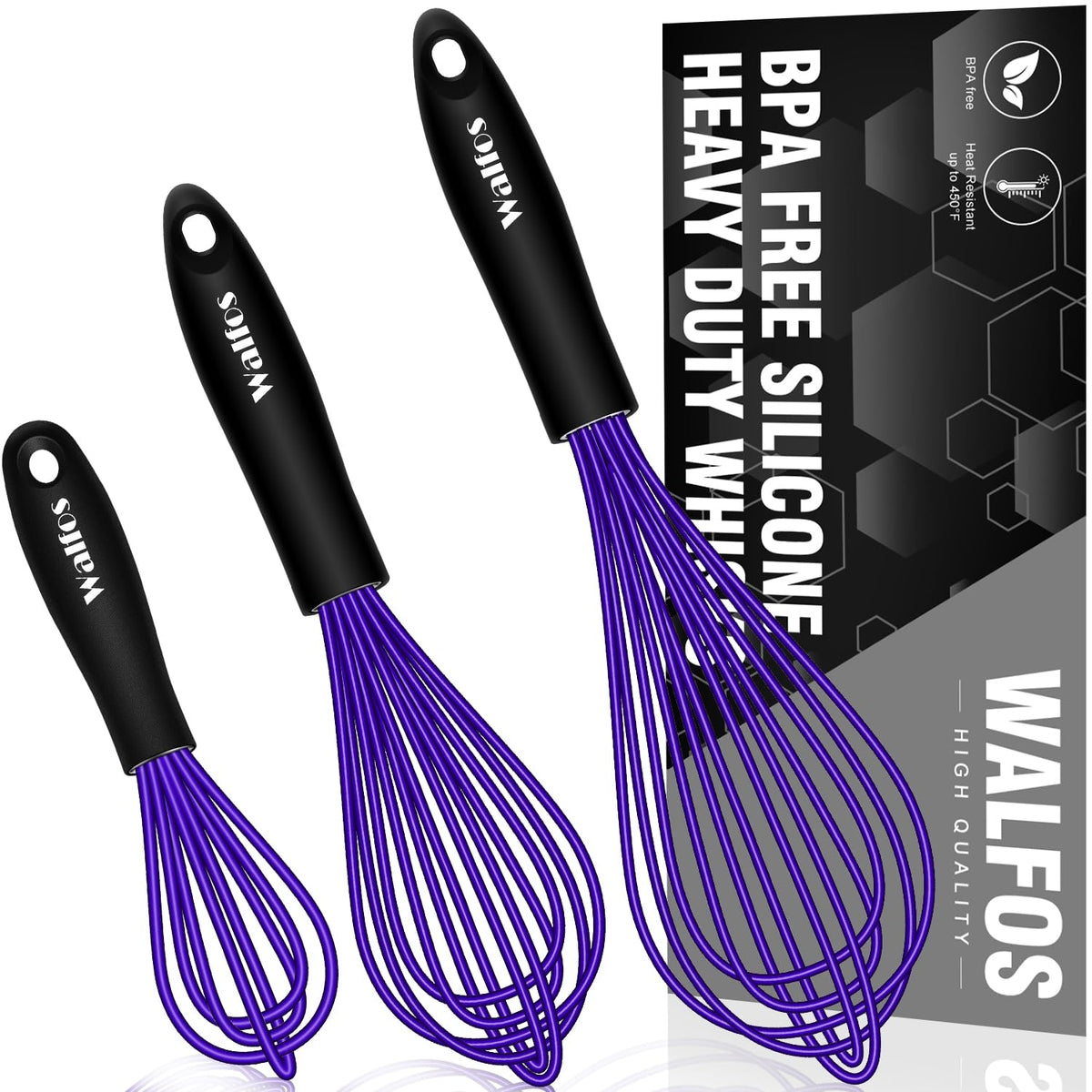 Walfos Silicone Whisk,Stainless Steel Wire Whisk Set of 3 -Heat Resistant 480°F Kitchen Whisks for Non-stick Cookware,Balloon Egg Beater Perfect for Blending,Whisking,Beating,Frothing & Stirring,Black