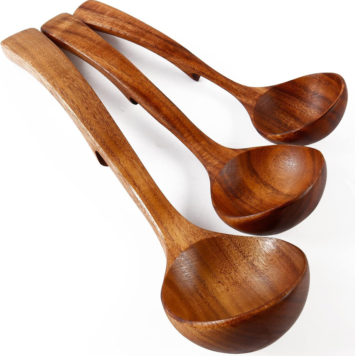 3Pcs Wooden Ladle for Soup, 3Size Natural Teak Wooden Cooking Spoons, Wood Soup Spoon for Serving, Stirring, Non-Stick Heat-Resistant, Kitchen Spoon Sets for Mom and Wife Cooking Gifts