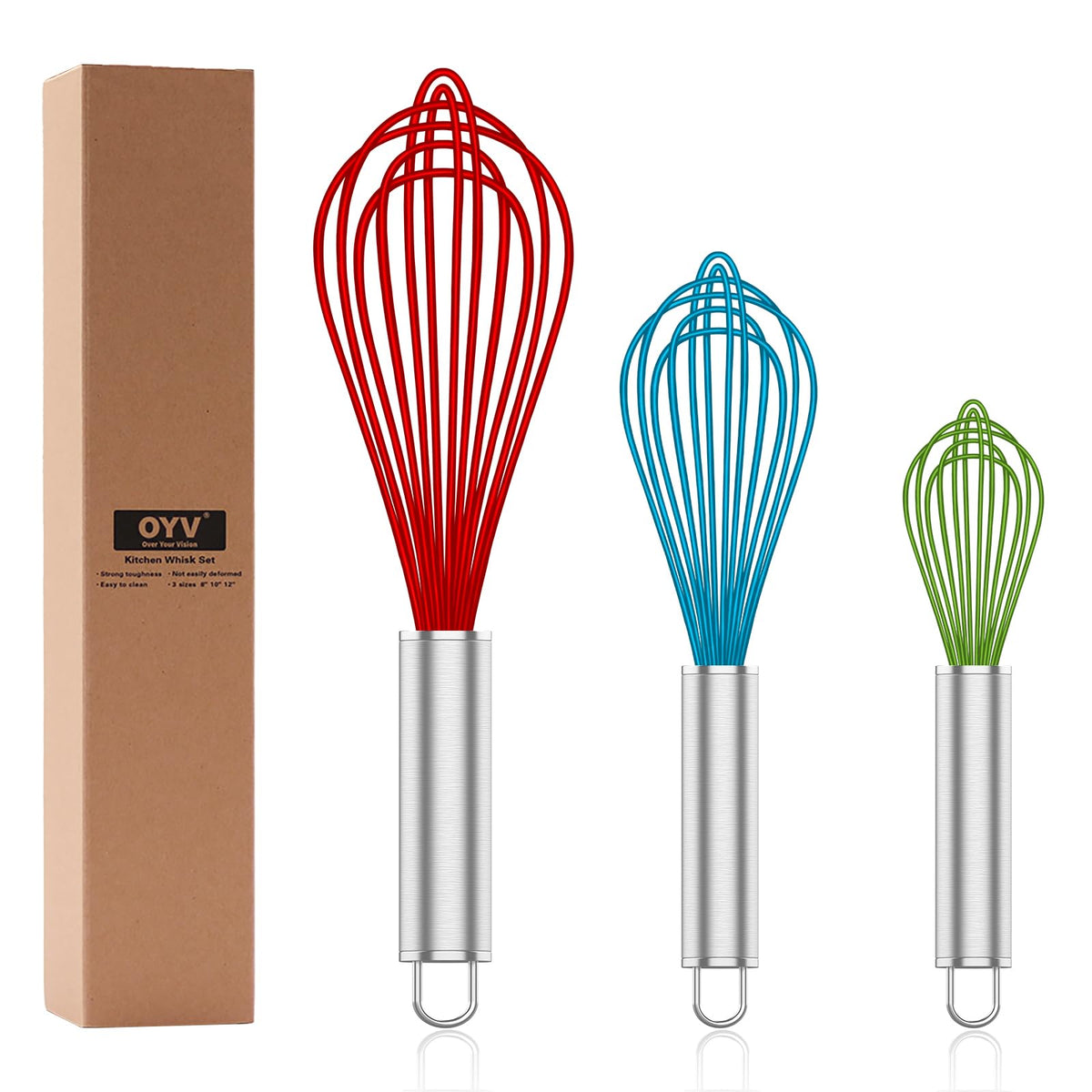 OYV Pink Silicone Whisk Set of 3, 8/10/12 Inch, Non-Scratch