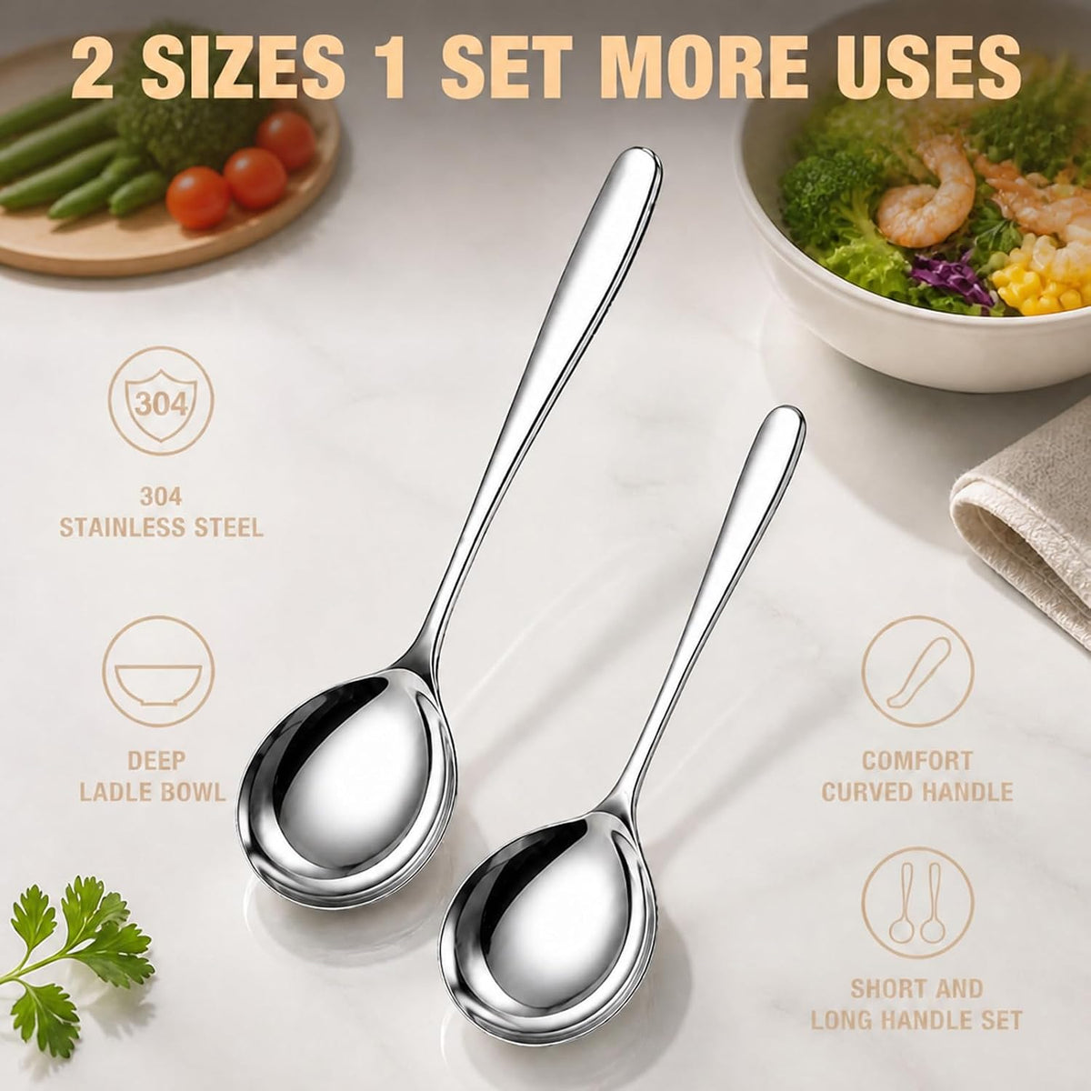 Stainless Steel Serving Spoon Set SUS304 Small Gravy Soup Spoon 7.28"+8.27"