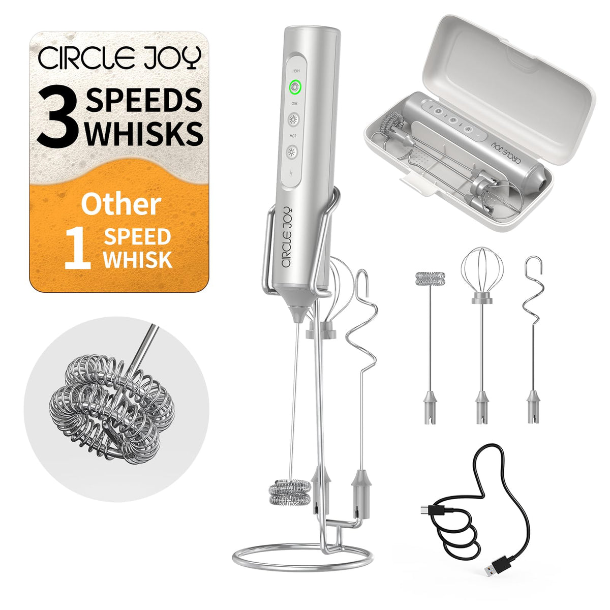 CIRCLE JOY Rechargeable Handheld Milk Frother Wand with 3 Variable Speeds, 3 Whisks and Storage Box, Electric Drink Mixer for Latte, Cappuccino, Hot Chocolate, Eggs and Protein Powder, Black