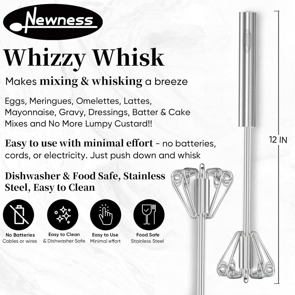 Newness Whizzy Whisk, Stainless Steel Semi Automatic Whisk Blender for Home -Versatile Tool for Egg Beater, Milk Frother, Hand Push Wisk - Kitchen Utensil for Blending, Whisking, Beating & Stirring
