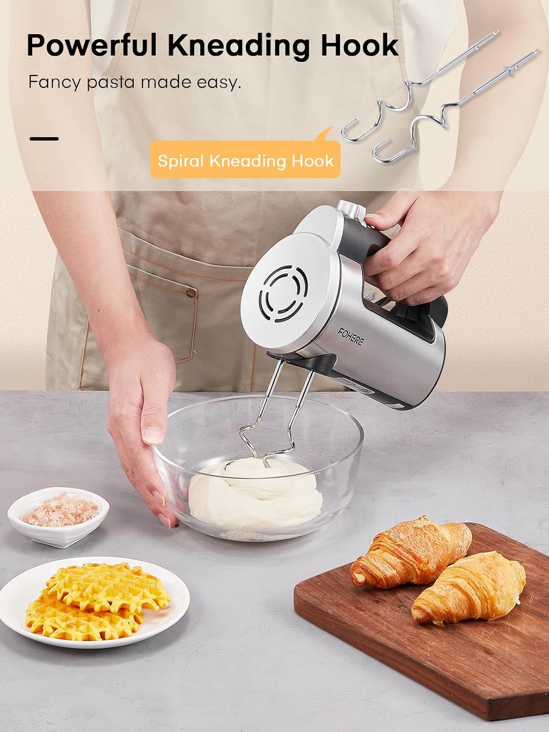 Hand Mixer Electric Handheld, 6 Speed & Turbo Electric Mixer, 300W Handheld Mixer with 2 Stainless Steel Whisk and 2 Dough Hook for Whipping, Mixing Cookies, Brownie, Cakes, Dough Batters, Silver
