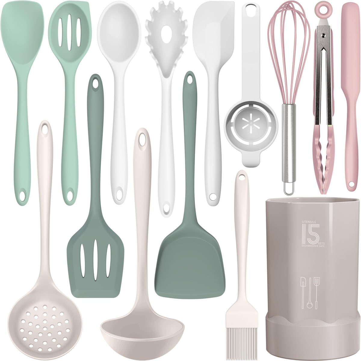 AOTHOD Silicone Cooking Utensils Set - 446°F Heat Resistant Kitchen Utensils,Turner Tongs,Spatula,Spoon,Brush,Whisk,Kitchen Utensil Gadgets Tools Set for Nonstick Cookware,Dishwasher Safe (BPA Free)