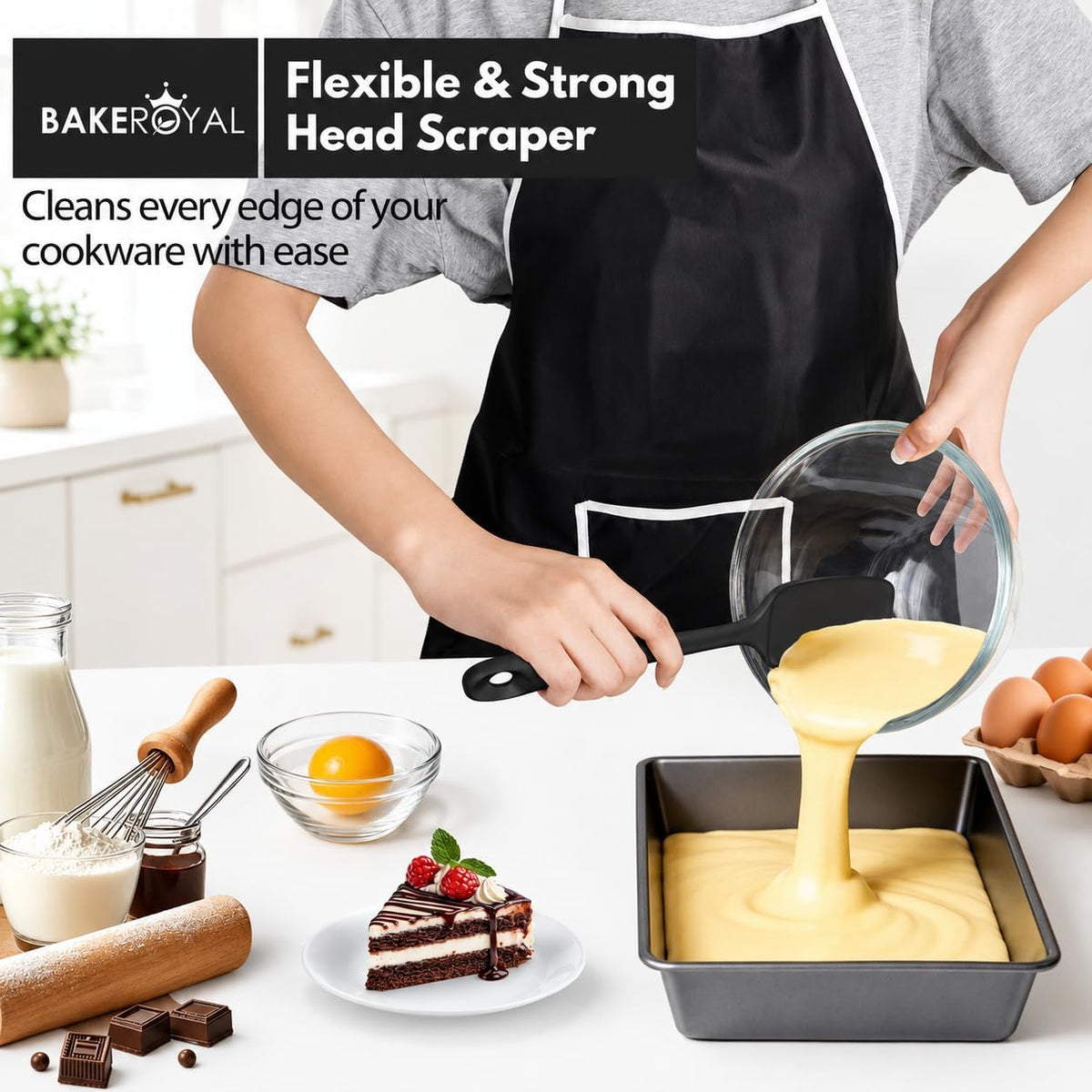 BakeRoyal Silicone Spatula Set, 600°F Heat Resistant, 4 Piece BPA-Free Food Grade Silicone Kitchen Utensils Set for Baking, Cooking & Mixing, Non Stick Silicone Cooking Utensils Set - Black