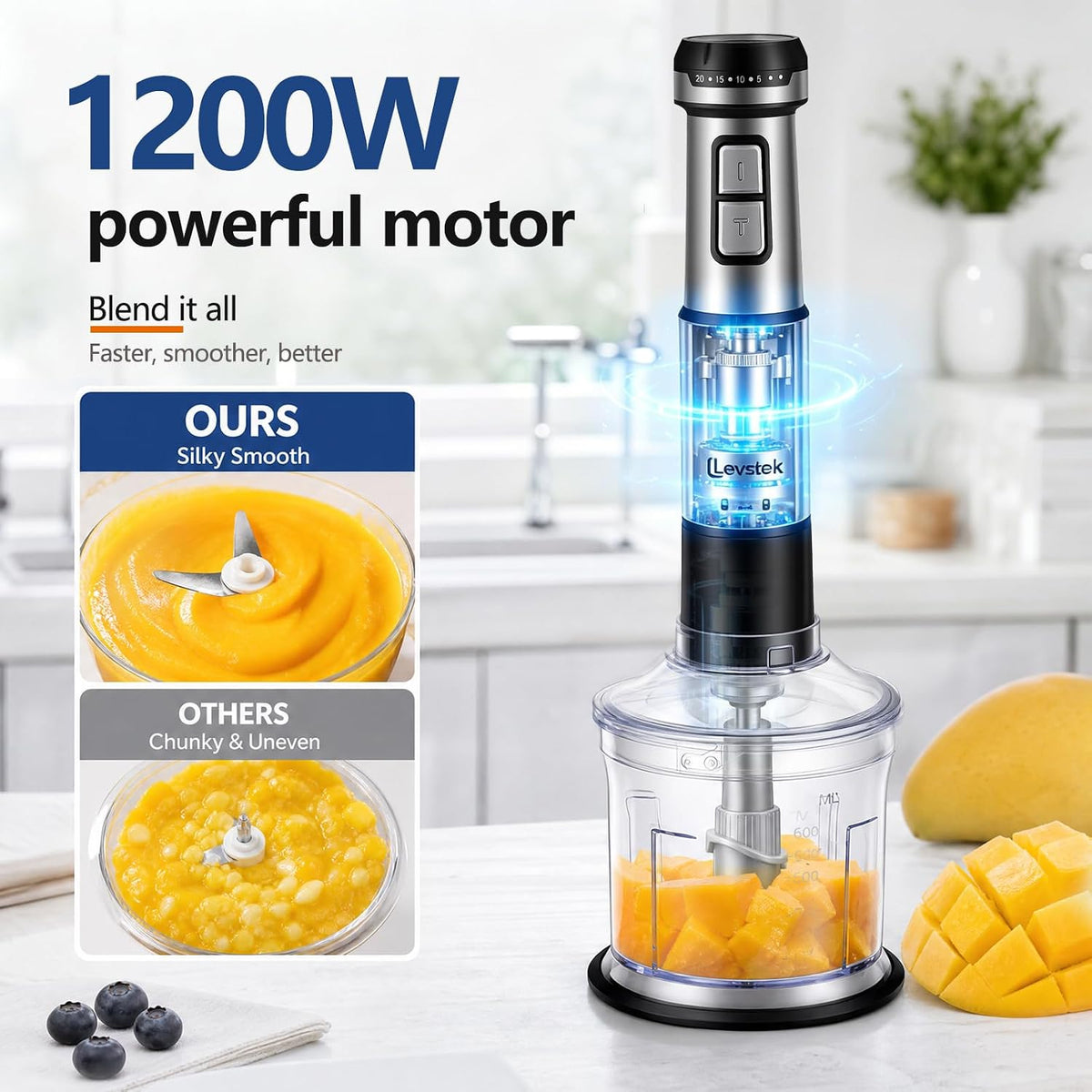 Immersion Hand Blender Set, 1200W 20-Speed Stainless Steel Stick Blender with 7 Accessories, 500ml & 200ml Chopper Cups, Milk Frother, Egg Beater, for Smoothies, Soups Kitchen Essential