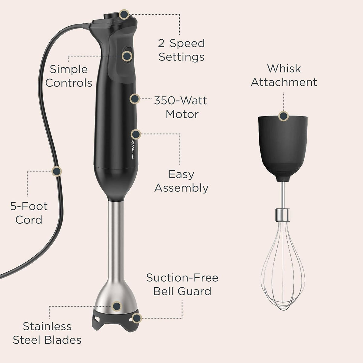 Vitamix 2-Speed Immersion Blender + Whisk Attachment, 350-Watt Motor, Black