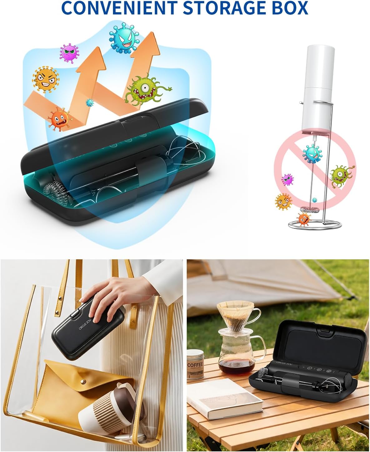 CIRCLE JOY Rechargeable Handheld Milk Frother Wand with 3 Variable Speeds, 3 Whisks and Storage Box, Electric Drink Mixer for Latte, Cappuccino, Hot Chocolate, Eggs and Protein Powder, Black