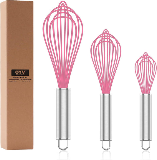 OYV Pink Silicone Whisk Set of 3, 8/10/12 Inch, Non-Scratch