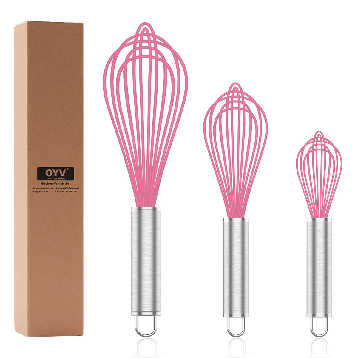 OYV Pink Silicone Whisk Set of 3, 8/10/12 Inch, Non-Scratch