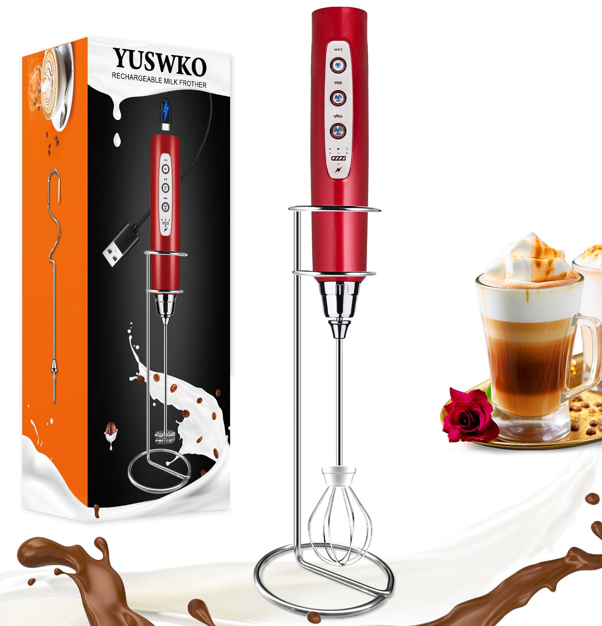 YUSWKO Handheld Milk Frother Wand for Coffee, Rechargeable Electric Whisk