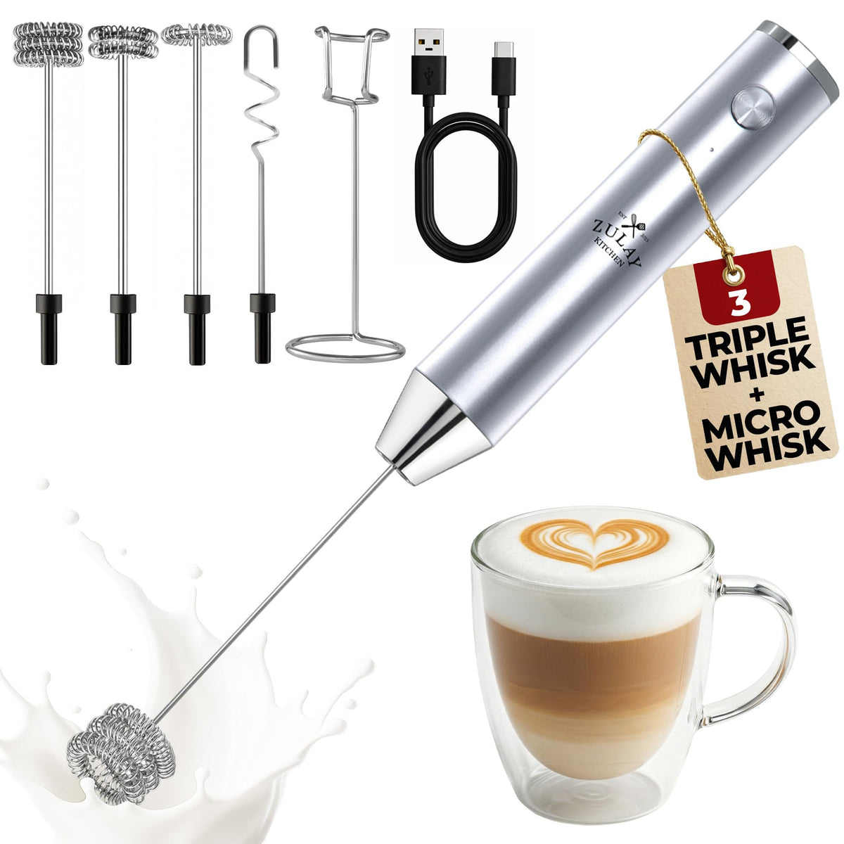 Zulay Kitchen Rechargeable Milk Frother Handheld - Frother Wand, Drink Mixer, Electric Whisk Frother, for Cappuccinos, Matcha & Protein Powder - Lux 4 Whisk 2 Speed Waterproof 2000mAh Alpha Black