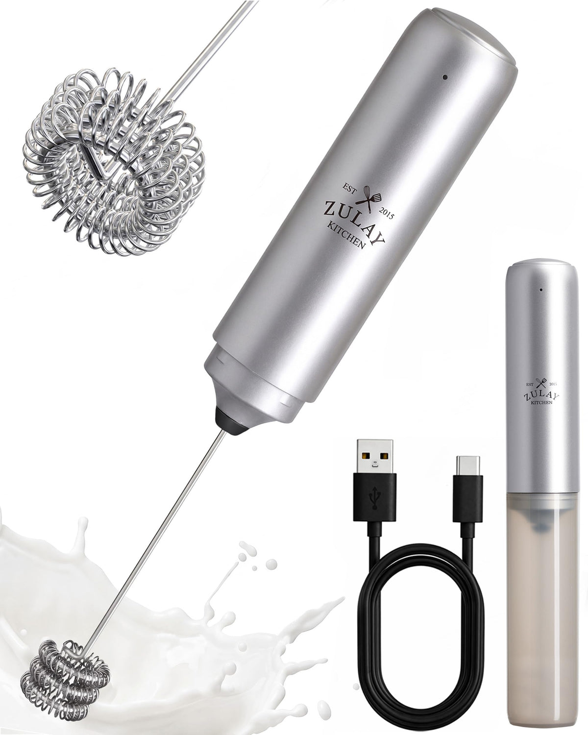 Zulay Kitchen Rechargeable Milk Frother Handheld - Frother Wand, Drink Mixer, Electric Whisk Frother, for Cappuccinos, Matcha & Protein Powder - Lux 4 Whisk 2 Speed Waterproof 2000mAh Alpha Black