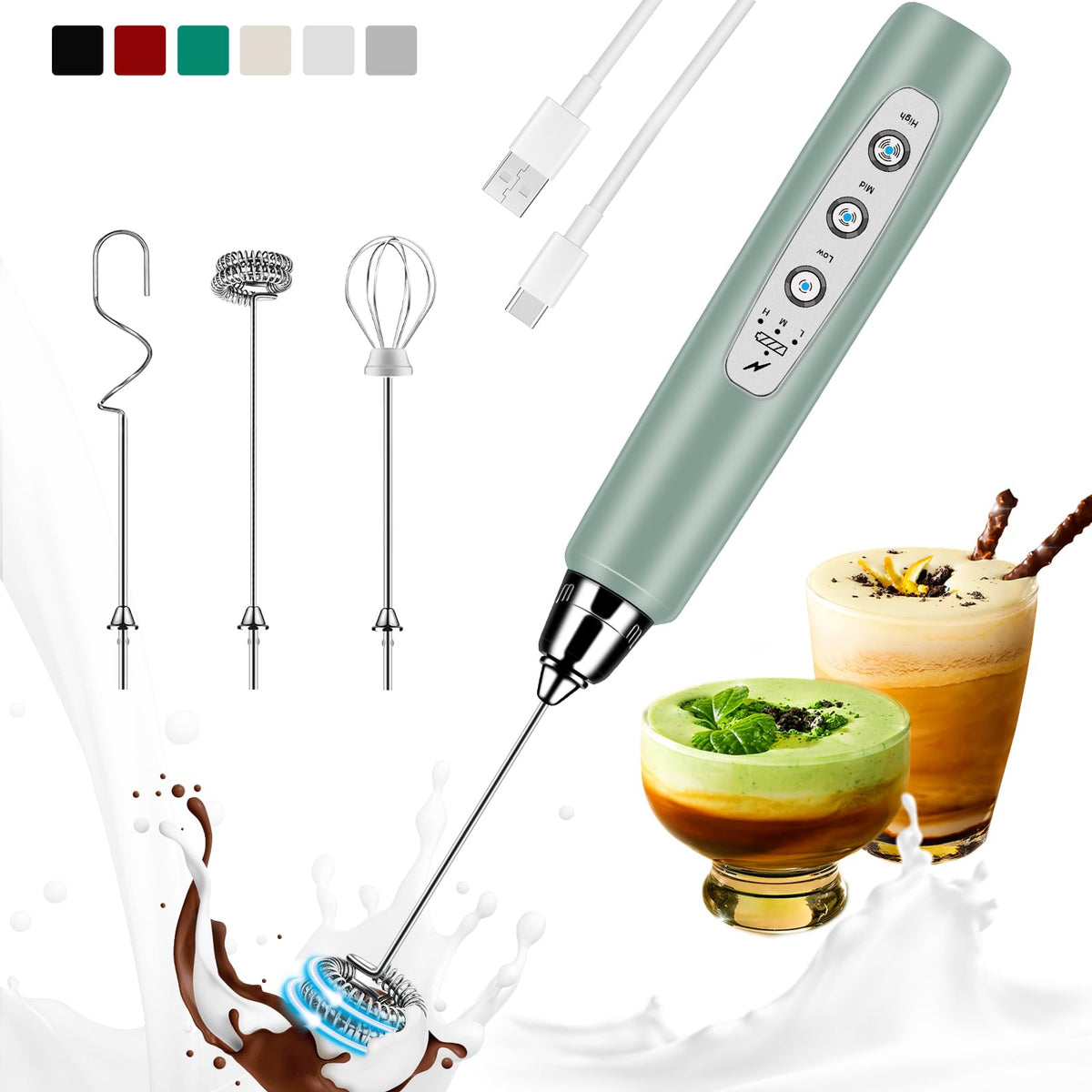 Colarlemo Milk Frother Handheld Rechargeable, Frother Wand Drink Mixer Electric Whisk for Coffee, Detachable With 3 Stainless Whisks, Hand Mixer for Lattes, Cappuccino, Matcha, Egg, No Stand,Black