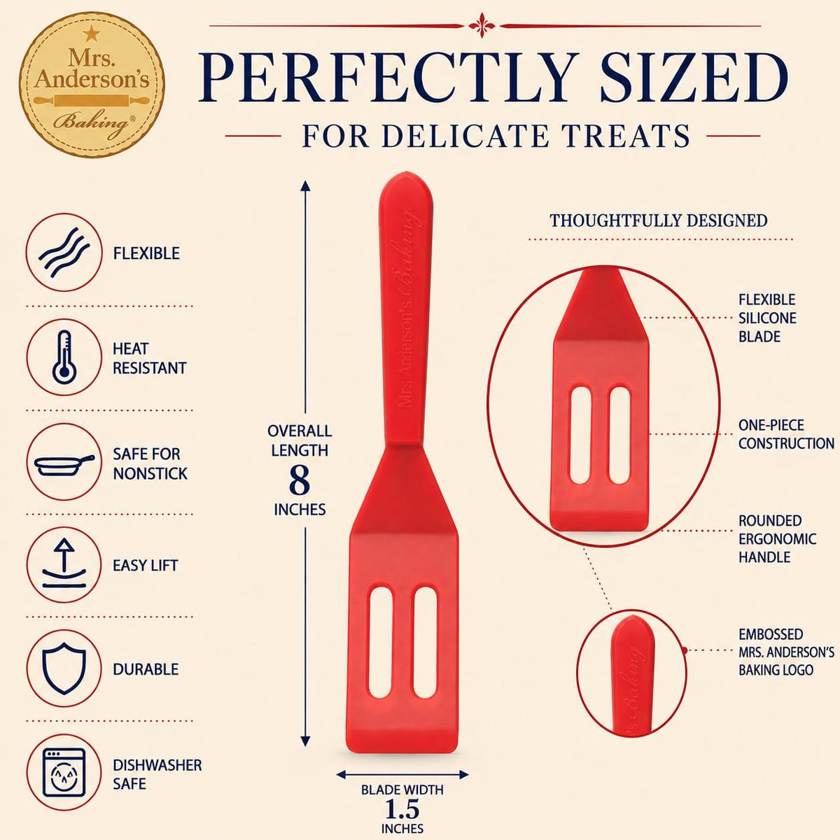 Mrs. Anderson’s Baking Mini Brownie Serving Spatula, 8-Inches x 1.5-Inches, Heat-Resistant Flexible Nonstick Silicone, Red