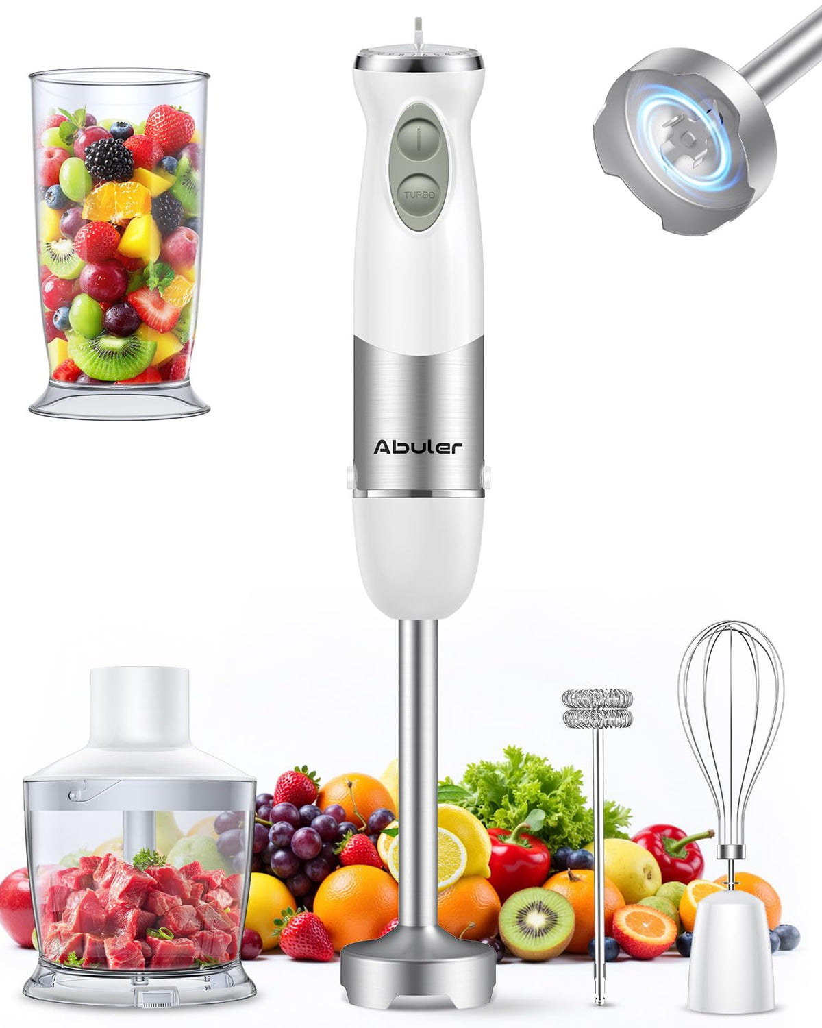 Immersion Blender Handheld 1000W 5 in 1 Corded Stick Hand Blender Kitchen with 12 Speed, BPA-Free, Mixing Beaker, Chopper, Whisk, Milk Frother, Perfect Emulsifier for Soup, Baby Food, Sauce, Puree