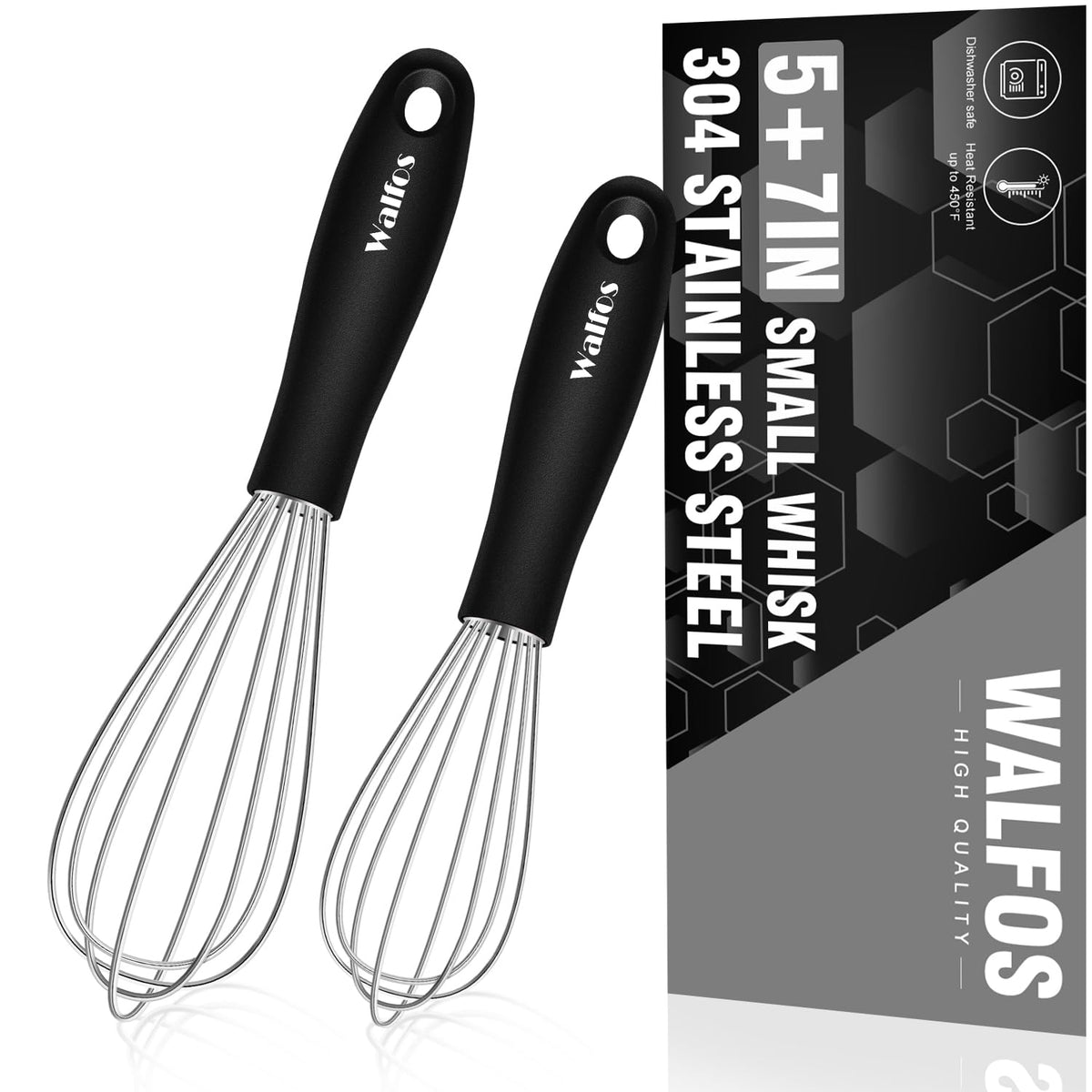 Walfos Silicone Whisk,Stainless Steel Wire Whisk Set of 3 -Heat Resistant 480°F Kitchen Whisks for Non-stick Cookware,Balloon Egg Beater Perfect for Blending,Whisking,Beating,Frothing & Stirring,Black