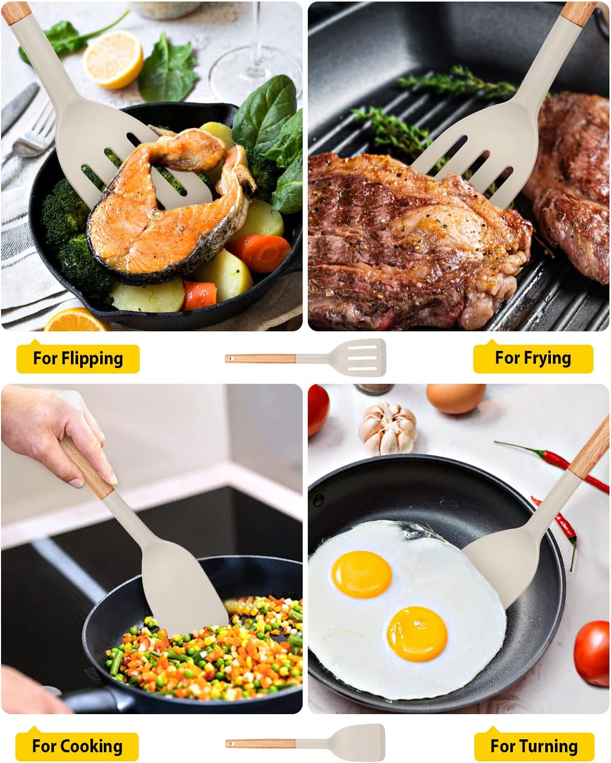 BUNDLEPRO Silicone Spatula, Solid & Slotted Turner, BPA-Free, 2 Pack, Khaki