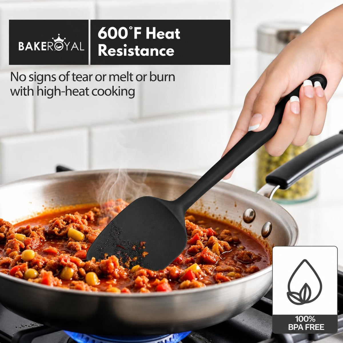 BakeRoyal Silicone Spatula Set, 600°F Heat Resistant, 4 Piece BPA-Free Food Grade Silicone Kitchen Utensils Set for Baking, Cooking & Mixing, Non Stick Silicone Cooking Utensils Set - Black