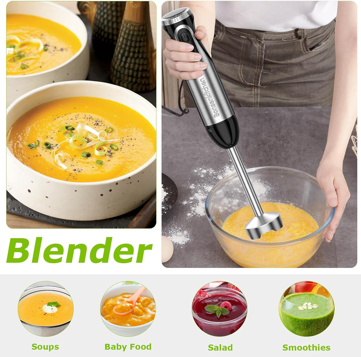 Bonsenkitchen 2-in-1 Immersion Handheld Blender with 20 Speeds & Turbo Mode