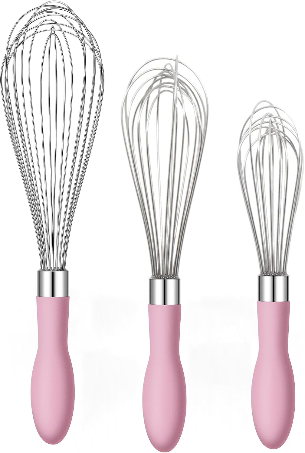 Rainspire 9" 10" 12" Wire Whisk Stainless Steel, Balloon Whisks for Cooking, Wisk Wisking Tool With Soft Silicone Handle, Thick Durable Whisker for Blending, Beating, Whisking, Stirring, Pink