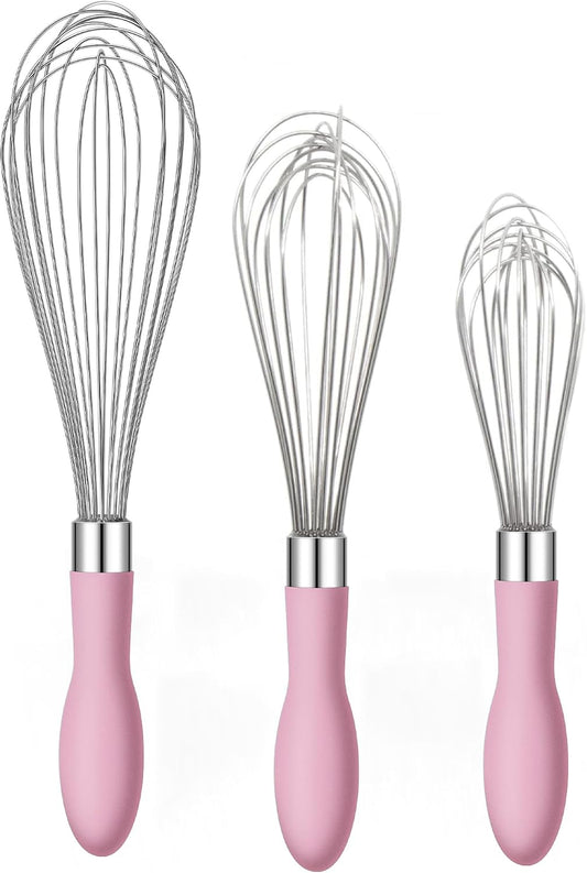 Rainspire 9" 10" 12" Wire Whisk Stainless Steel, Balloon Whisks for Cooking, Wisk Wisking Tool With Soft Silicone Handle, Thick Durable Whisker for Blending, Beating, Whisking, Stirring, Pink
