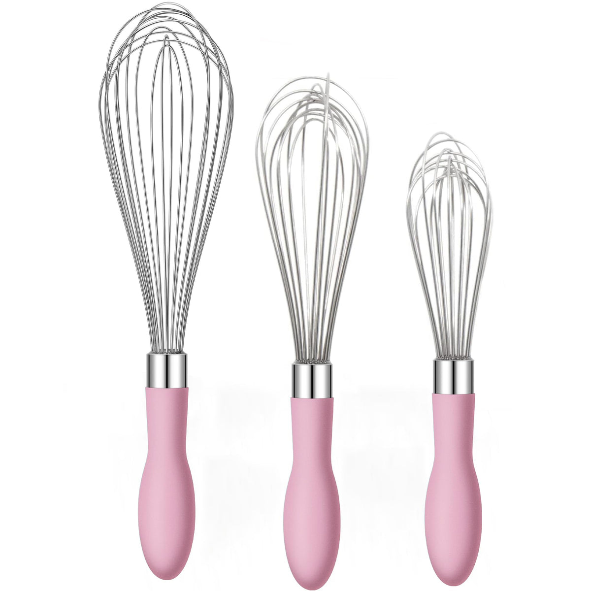 Rainspire 9" 10" 12" Wire Whisk Stainless Steel, Balloon Whisks for Cooking, Wisk Wisking Tool With Soft Silicone Handle, Thick Durable Whisker for Blending, Beating, Whisking, Stirring, Pink