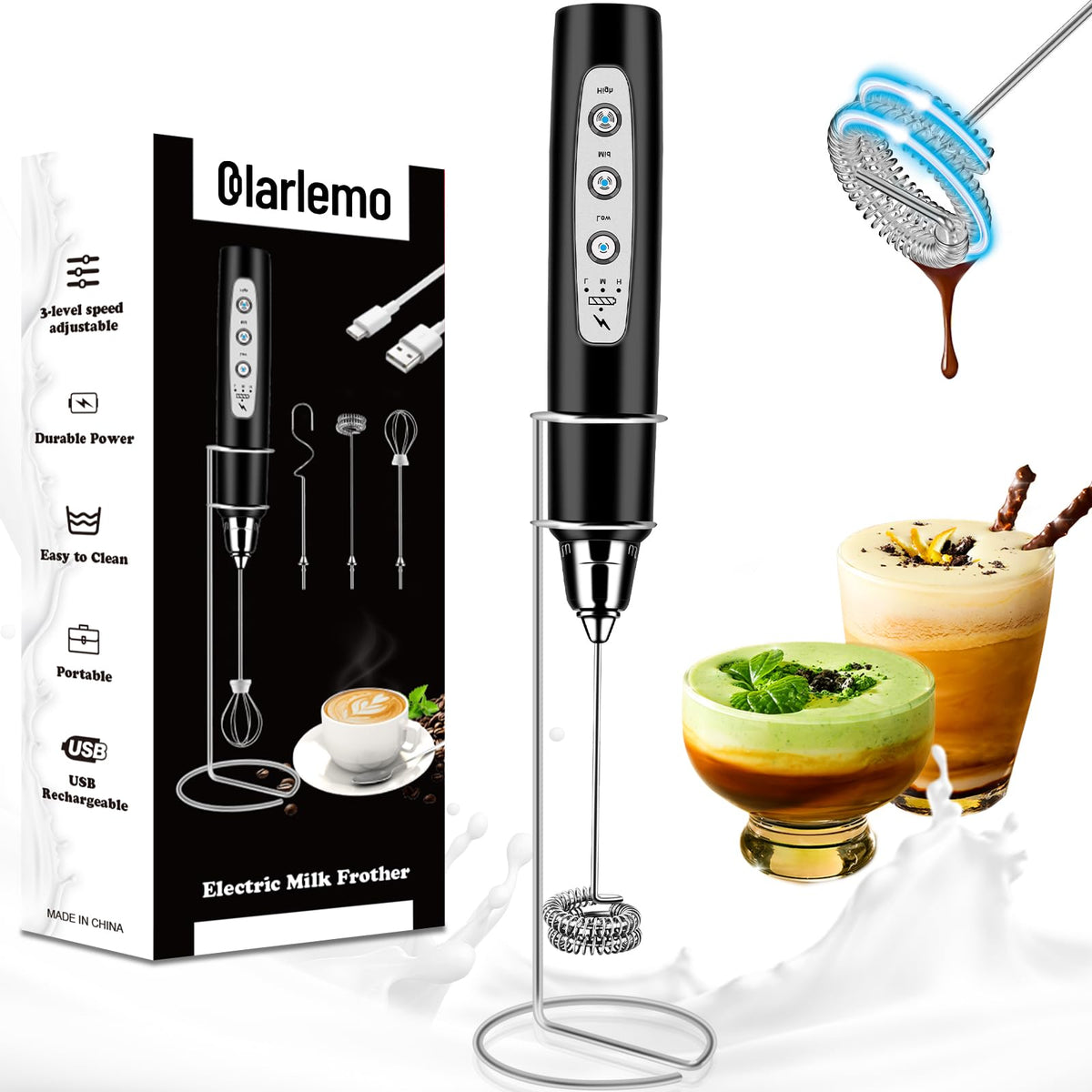 Colarlemo Milk Frother Handheld Rechargeable, Frother Wand Drink Mixer Electric Whisk for Coffee, Detachable With 3 Stainless Whisks, Hand Mixer for Lattes, Cappuccino, Matcha, Egg, No Stand,Black