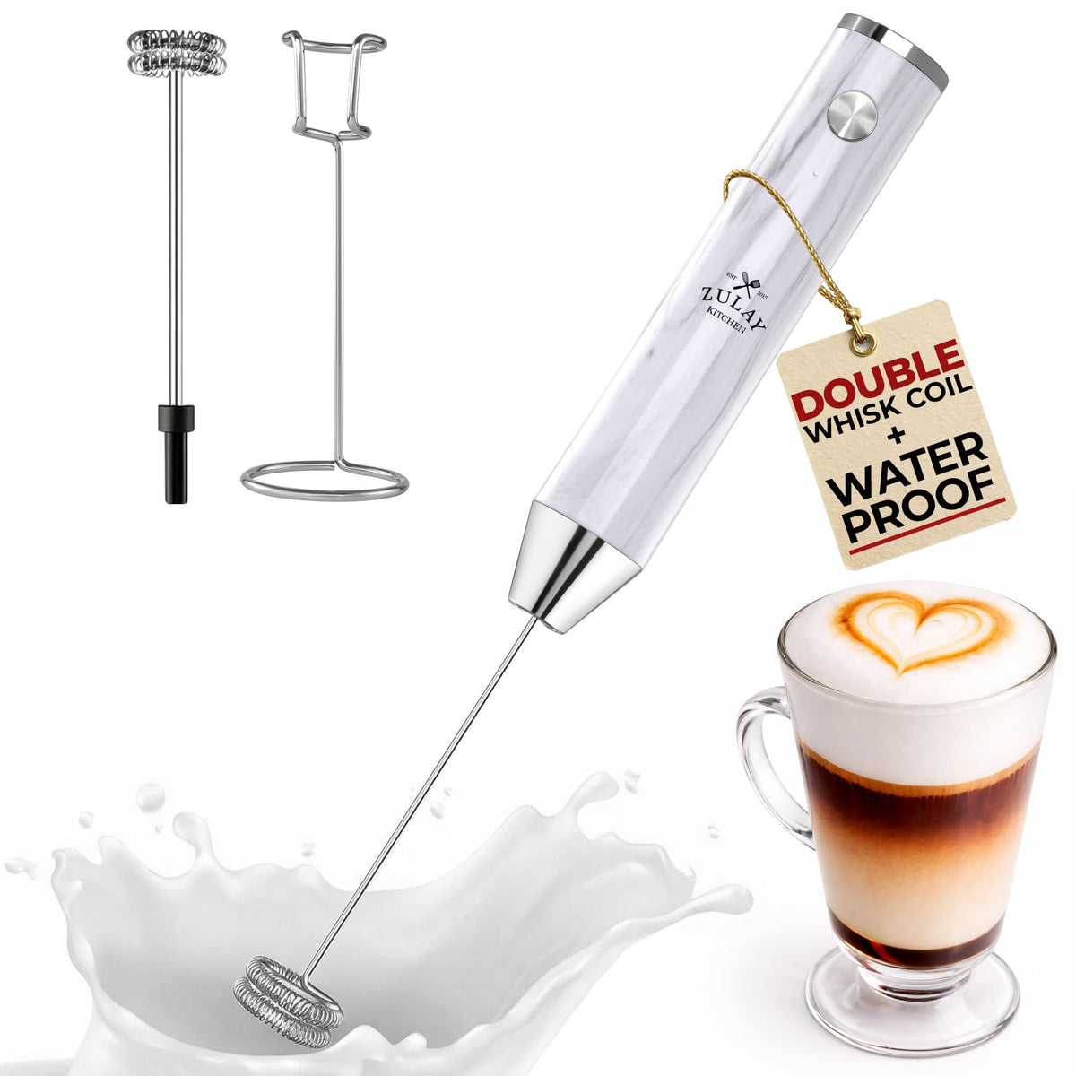 Zulay Kitchen Powerful Milk Frother Wand With Duracell Batteries - Ultra Fast Handheld Drink Mixer - Electric Whisk Foam Maker for Coffee, Lattes, Cappuccino & Matcha - Z1 Motor - Black