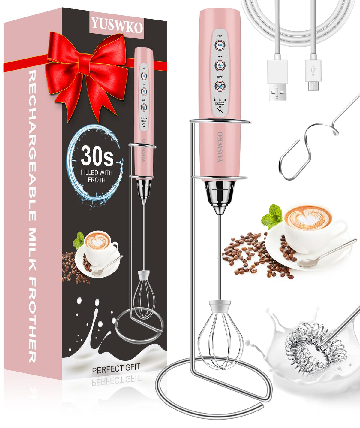 YUSWKO Handheld Milk Frother Wand for Coffee, Rechargeable Electric Whisk