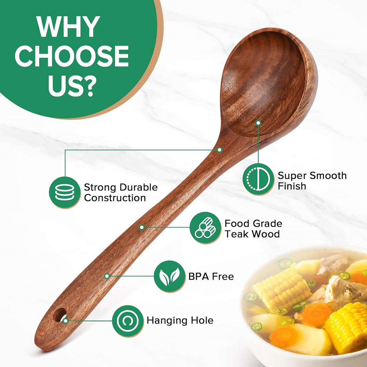 Wooden Soup Ladle Spoons for Cooking Serving, Teak Wood, 10.6"