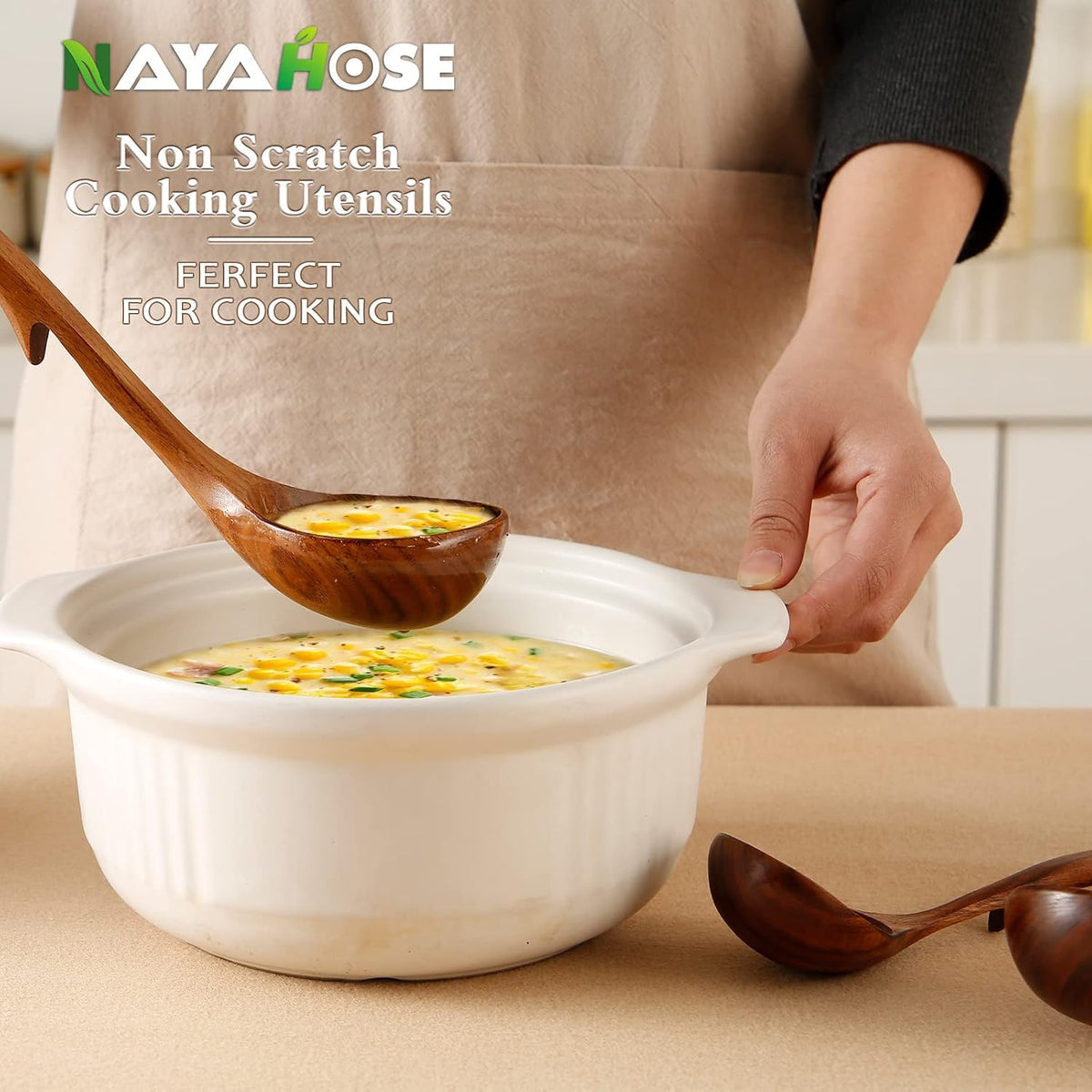 3Pcs Wooden Ladle for Soup, 3Size Natural Teak Wooden Cooking Spoons, Wood Soup Spoon for Serving, Stirring, Non-Stick Heat-Resistant, Kitchen Spoon Sets for Mom and Wife Cooking Gifts