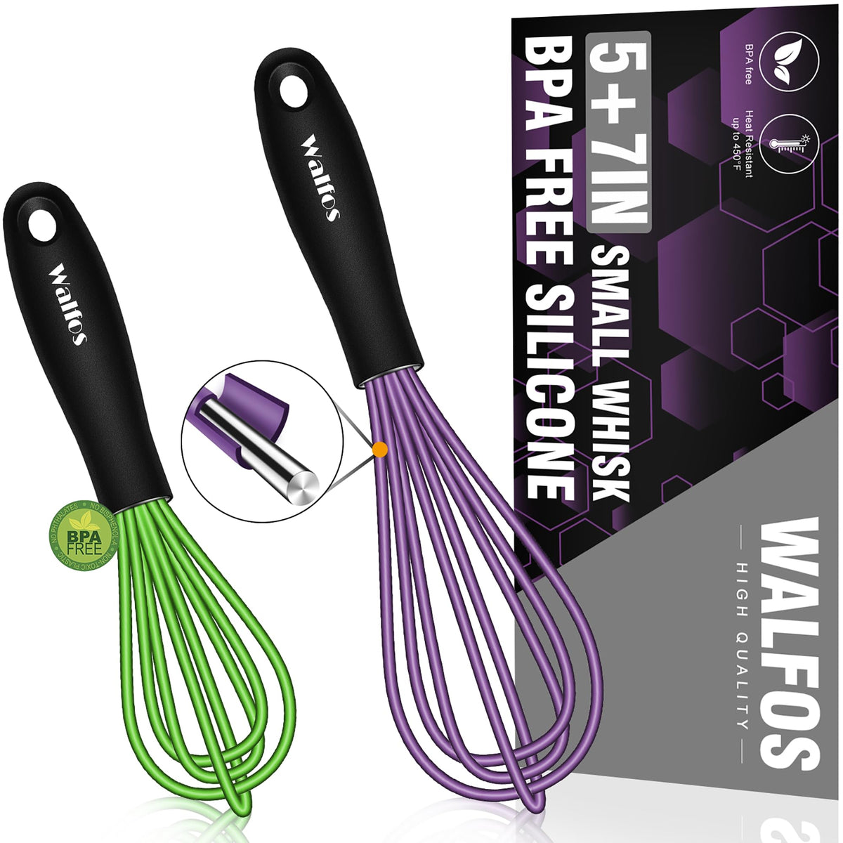 Walfos Whisk, Silicone Whisk Heat Resistant (480°F) Kitchen Whisks Set of 4- Professional Whisks For Cooking Non Scratch, Balloon Egg Whisk Perfect for Frothing, Blending, Beating