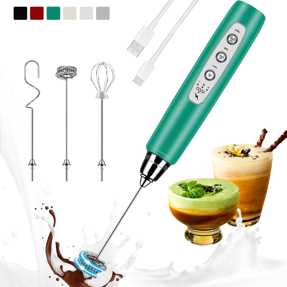 Colarlemo Milk Frother Handheld Rechargeable, Frother Wand Drink Mixer Electric Whisk for Coffee, Detachable With 3 Stainless Whisks, Hand Mixer for Lattes, Cappuccino, Matcha, Egg, No Stand,Black
