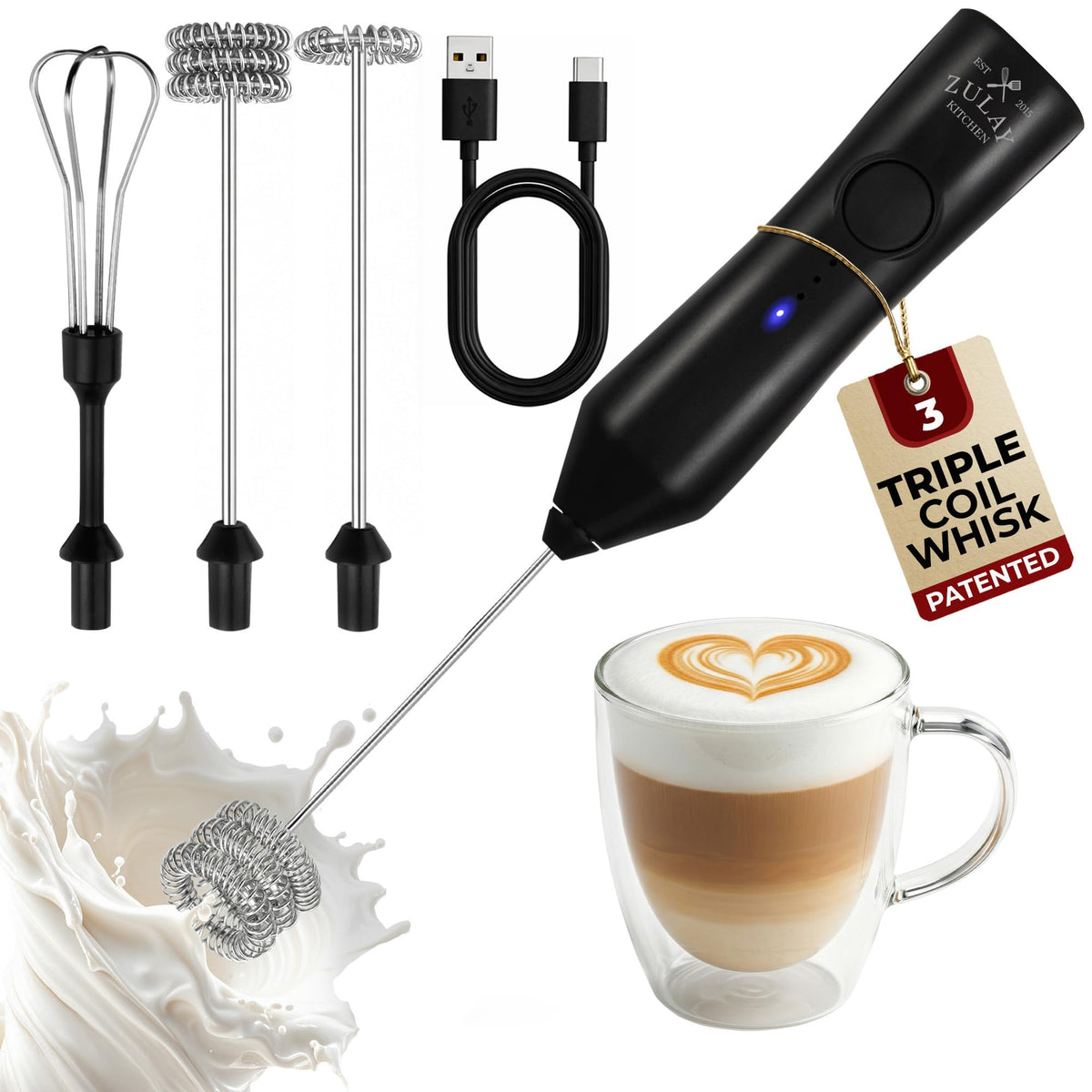 Zulay Kitchen Powerful Milk Frother Wand With Duracell Batteries - Ultra Fast Handheld Drink Mixer - Electric Whisk Foam Maker for Coffee, Lattes, Cappuccino & Matcha - Z1 Motor - Black