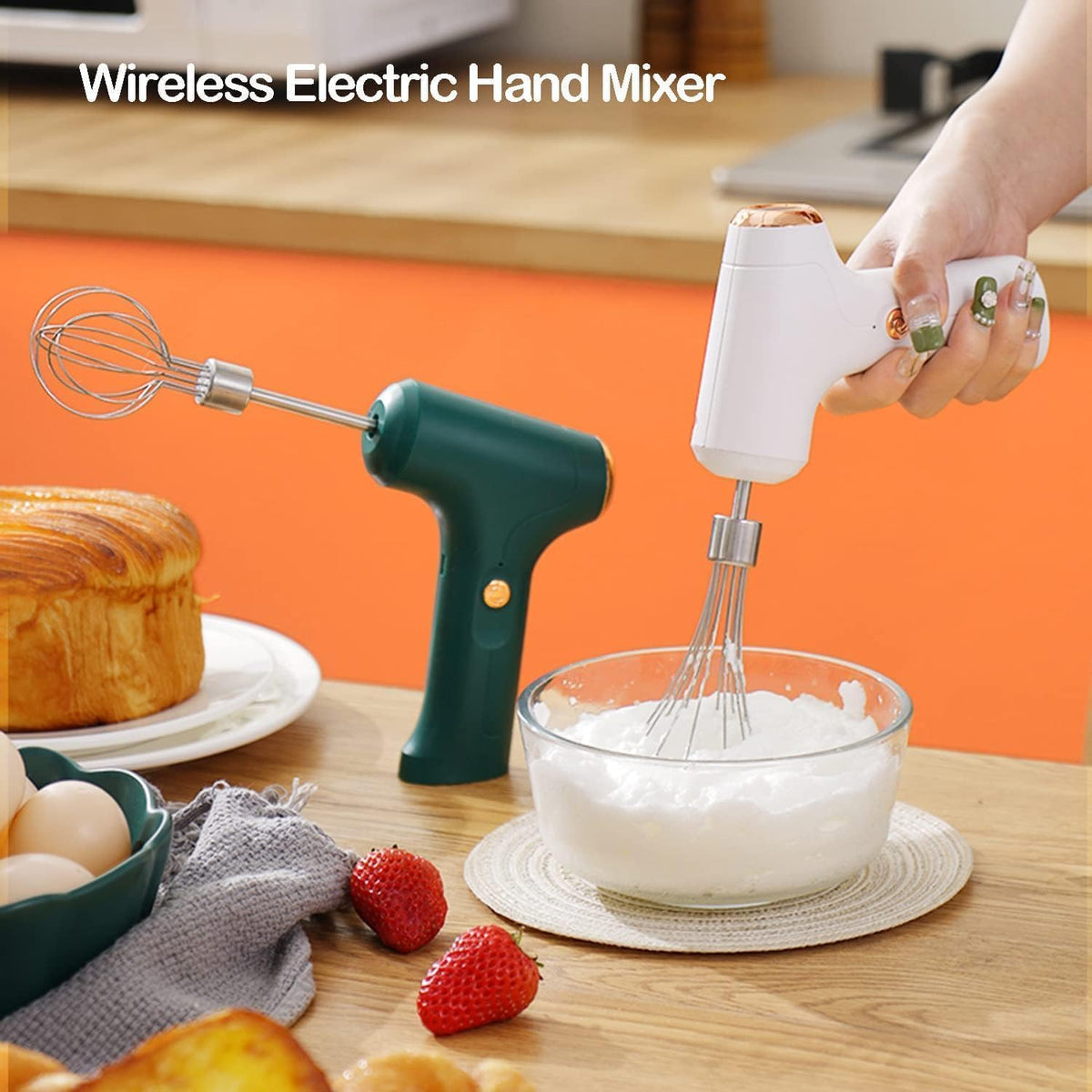 Electric Hand Whisk, USB Rechargeable, Wireless Portable Egg Beater with 2 Detachable Whisks with 3 Speed Modes for Eggs/Milkshake Cream/Butter/Baby Food, Fit for Kitchen/Camping/Gifts (Green)