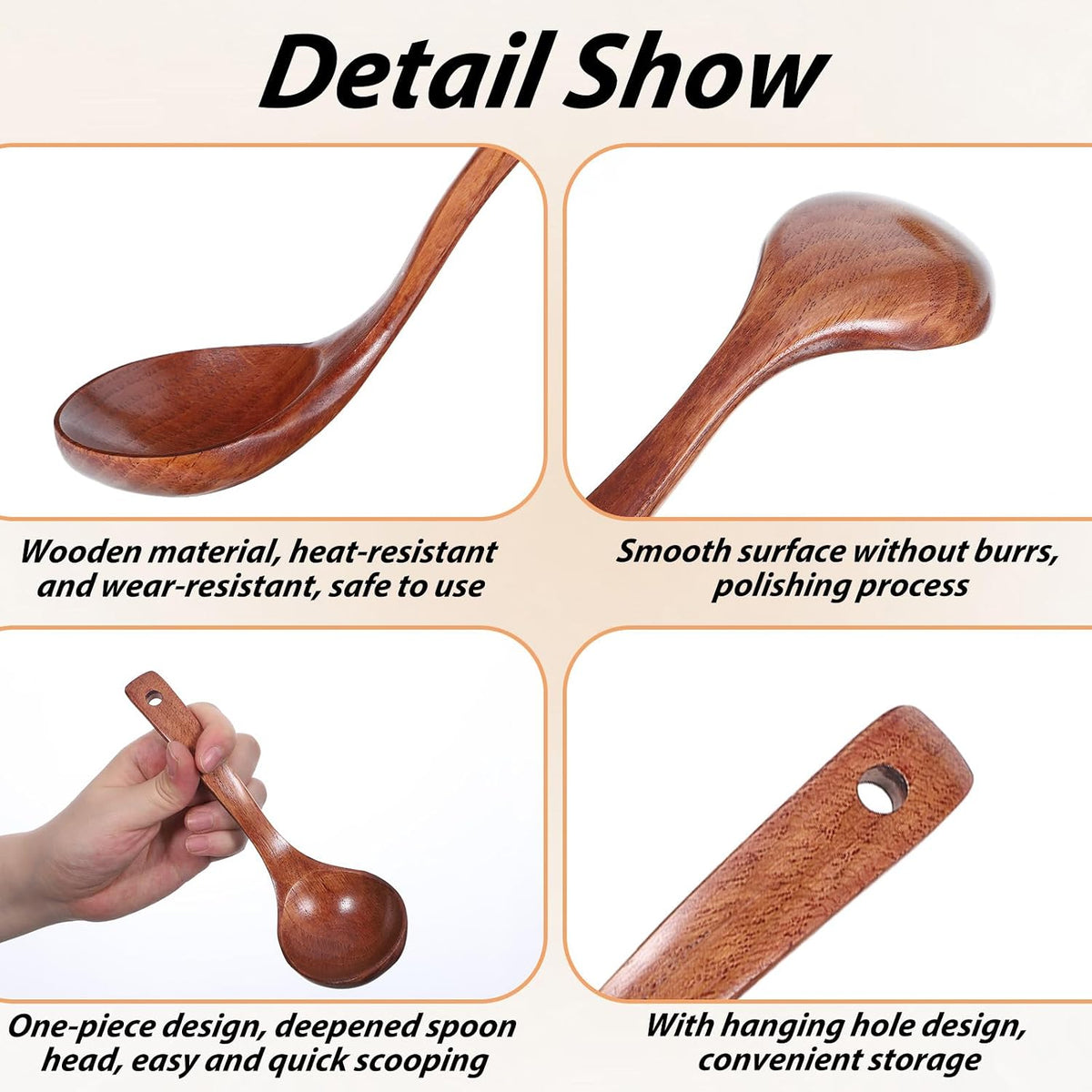 3 Size Wood Ladle Spoon with Back Hooks, Wooden Ladle for Soup