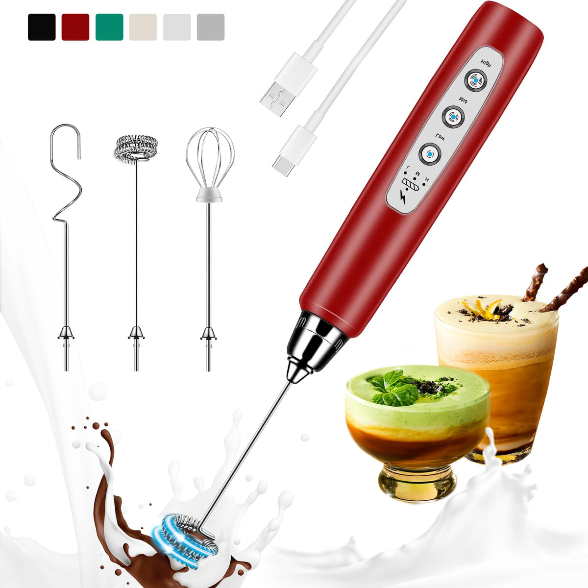 Colarlemo Milk Frother Handheld Rechargeable, Frother Wand Drink Mixer Electric Whisk for Coffee, Detachable With 3 Stainless Whisks, Hand Mixer for Lattes, Cappuccino, Matcha, Egg, No Stand,Black