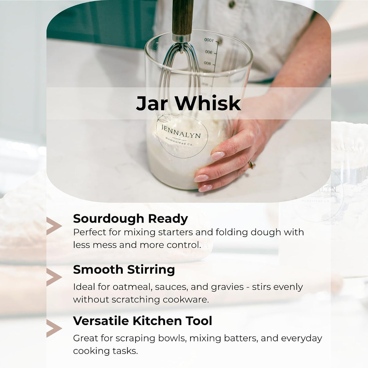 Sourdough Starter Jar Whisk - Easily Mix Thick Starter Dough; Rounded Edges and Tip Scrapes Side and Bottom of Jar Clean; Essential Sourdough Whisking Tool; Teak Wood and Stainless Steel Hand Whisk