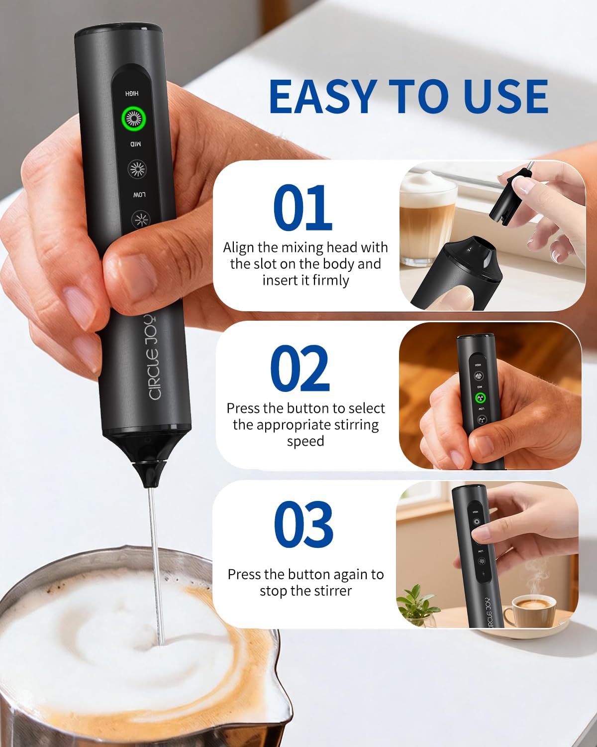 CIRCLE JOY Rechargeable Handheld Milk Frother Wand with 3 Variable Speeds, 3 Whisks and Storage Box, Electric Drink Mixer for Latte, Cappuccino, Hot Chocolate, Eggs and Protein Powder, Black