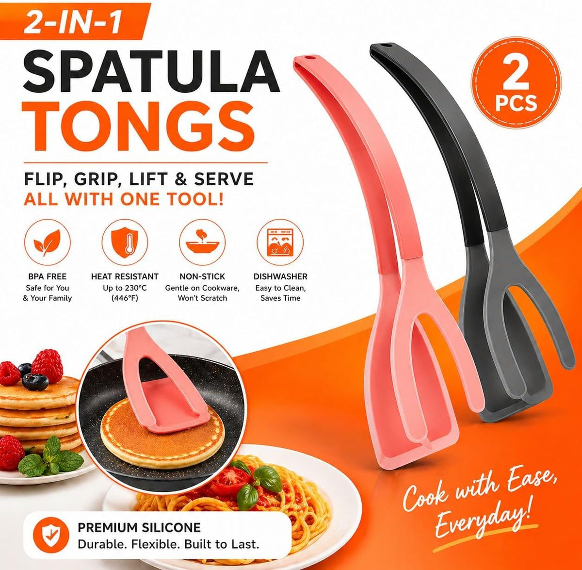 Egg Flipper Spatula Tongs, 2-in-1 Grip & Flip Kitchen Tongs, Non-Stick Silicone Spatula for Eggs, Pancakes, Fish, Omelets & Burgers, Heat Resistant Cooking Utensils, Set of 2