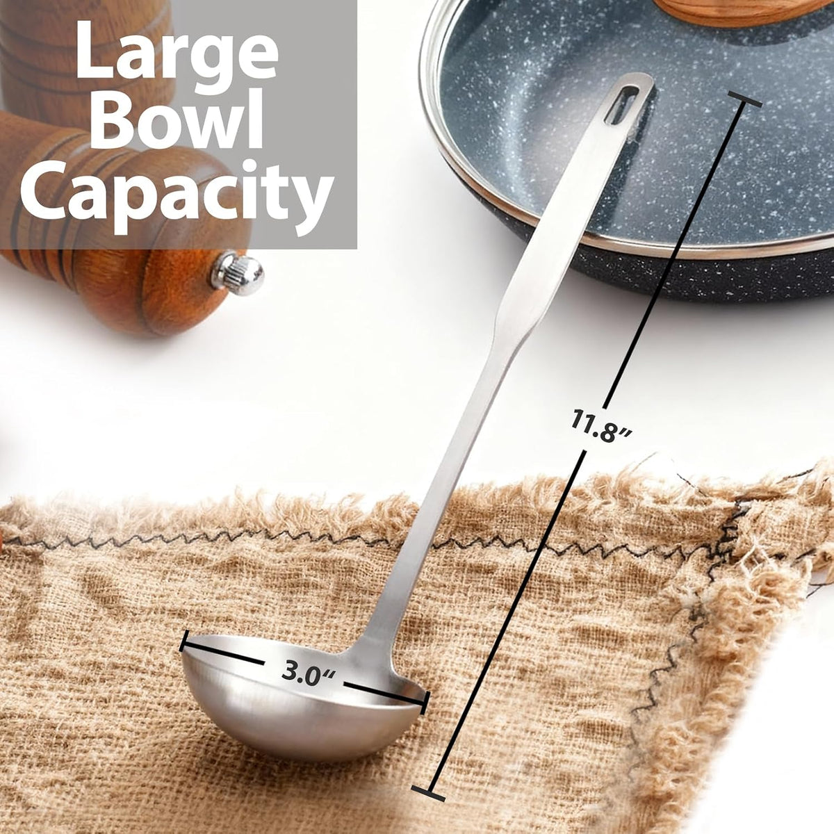 Stainless Steel Soup Ladle, 11.8-Inch Long Handle, Deep Bowl for Soup, Stew, Chili & Sauce, One-Piece Metal Serving Spoon with Hanging Hole, Dishwasher Safe