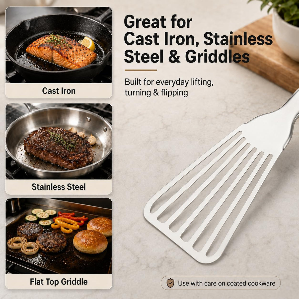 304 Stainless Steel Fish Spatula, Thin Flexible Slotted Turner