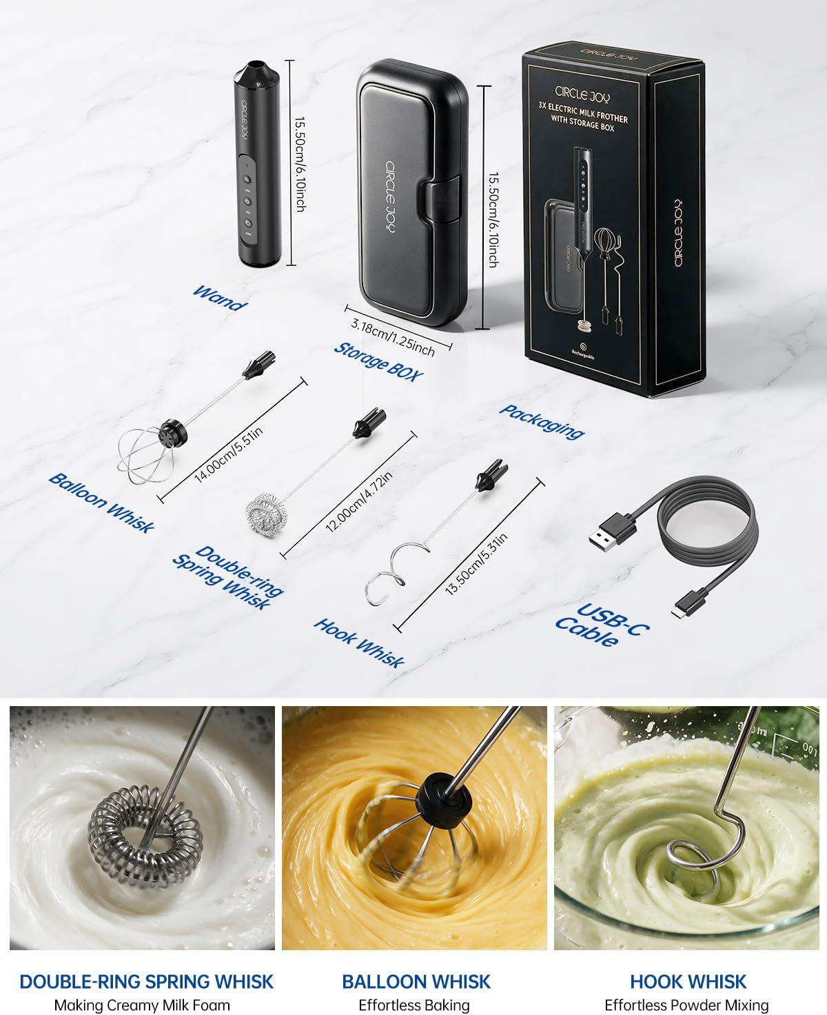 CIRCLE JOY Rechargeable Handheld Milk Frother Wand with 3 Variable Speeds, 3 Whisks and Storage Box, Electric Drink Mixer for Latte, Cappuccino, Hot Chocolate, Eggs and Protein Powder, Black