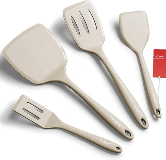 Silicone Spatula Set, 600°F Heat Resistant Kitchen Utensils, 4-Pcs, Khaki