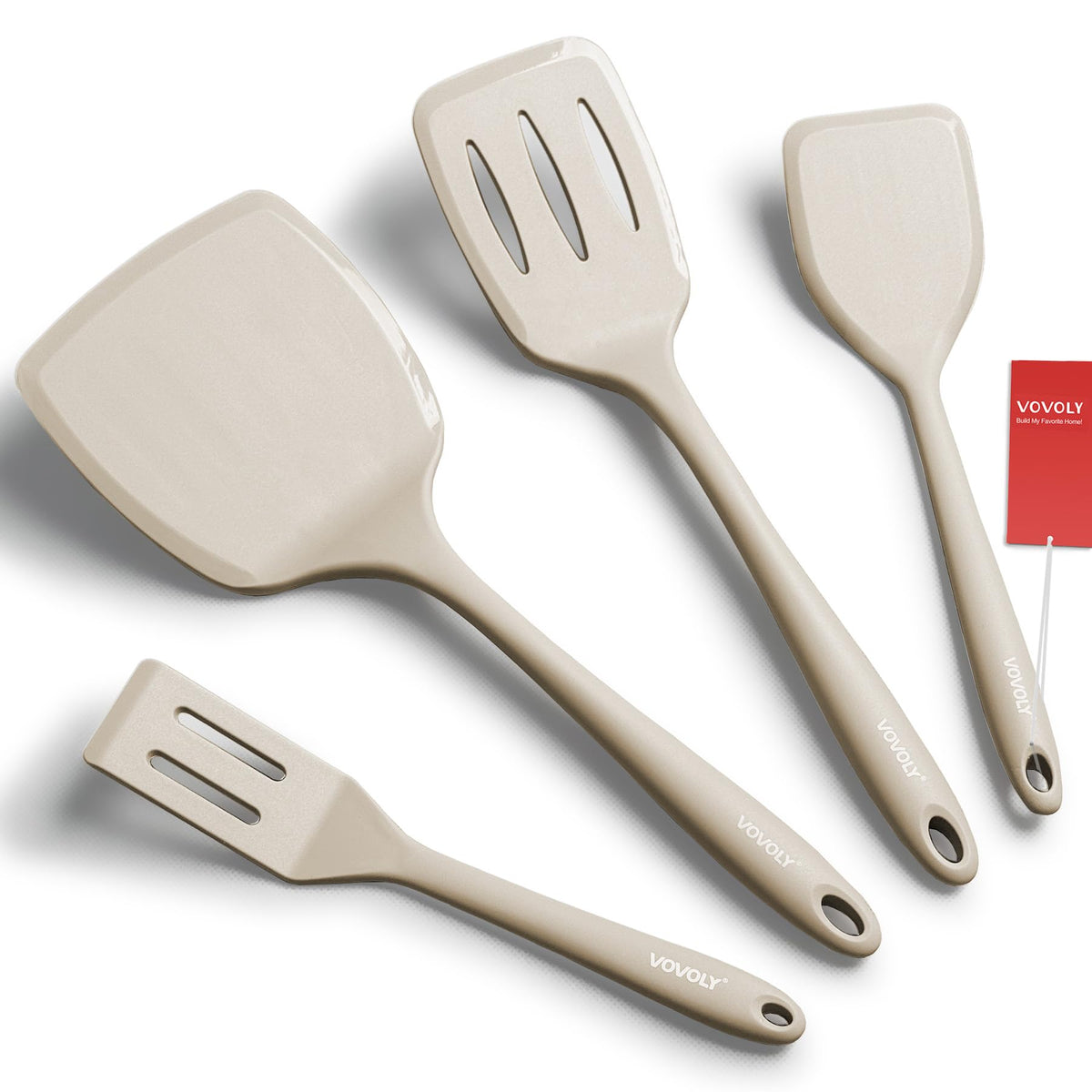 Silicone Spatula Set, 600°F Heat Resistant Kitchen Utensils, 4-Pcs, Khaki